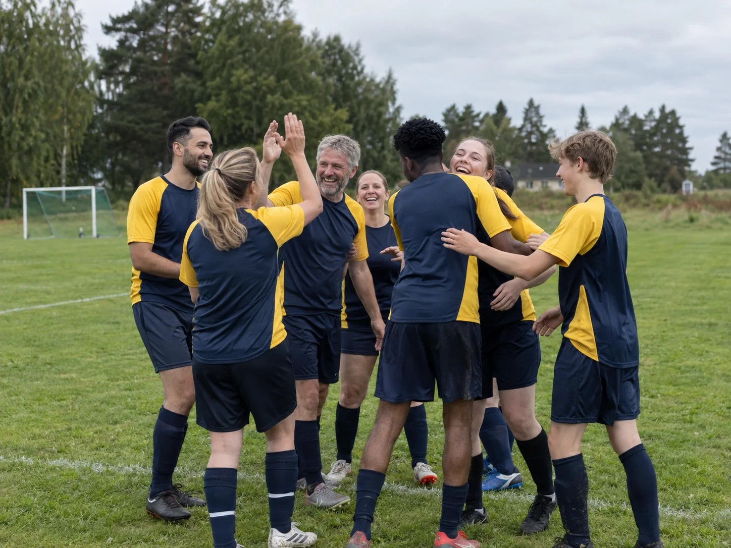 Fictional example: a local football team celebrating together.