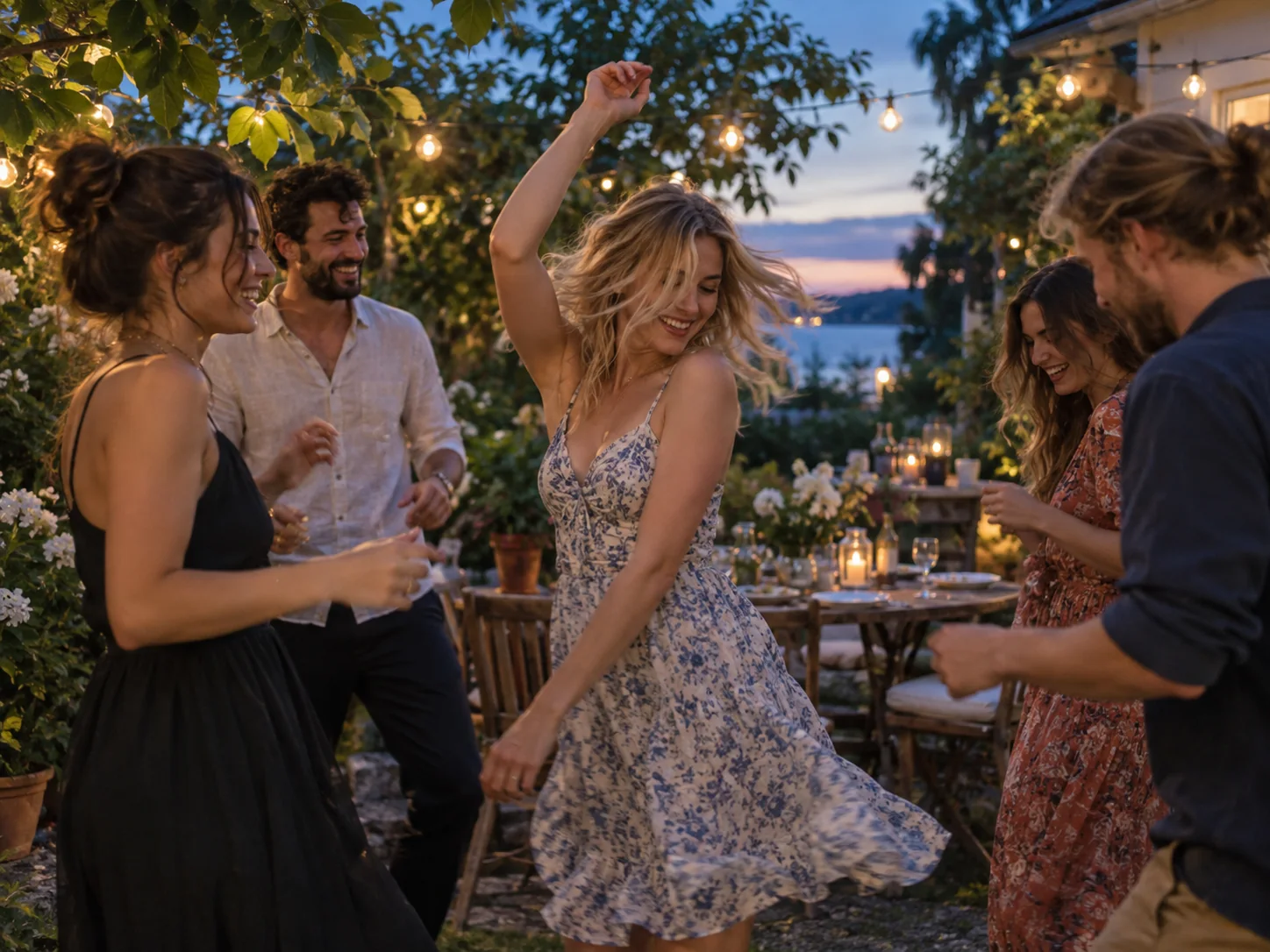 Fictional example: friends dancing at a summer party.