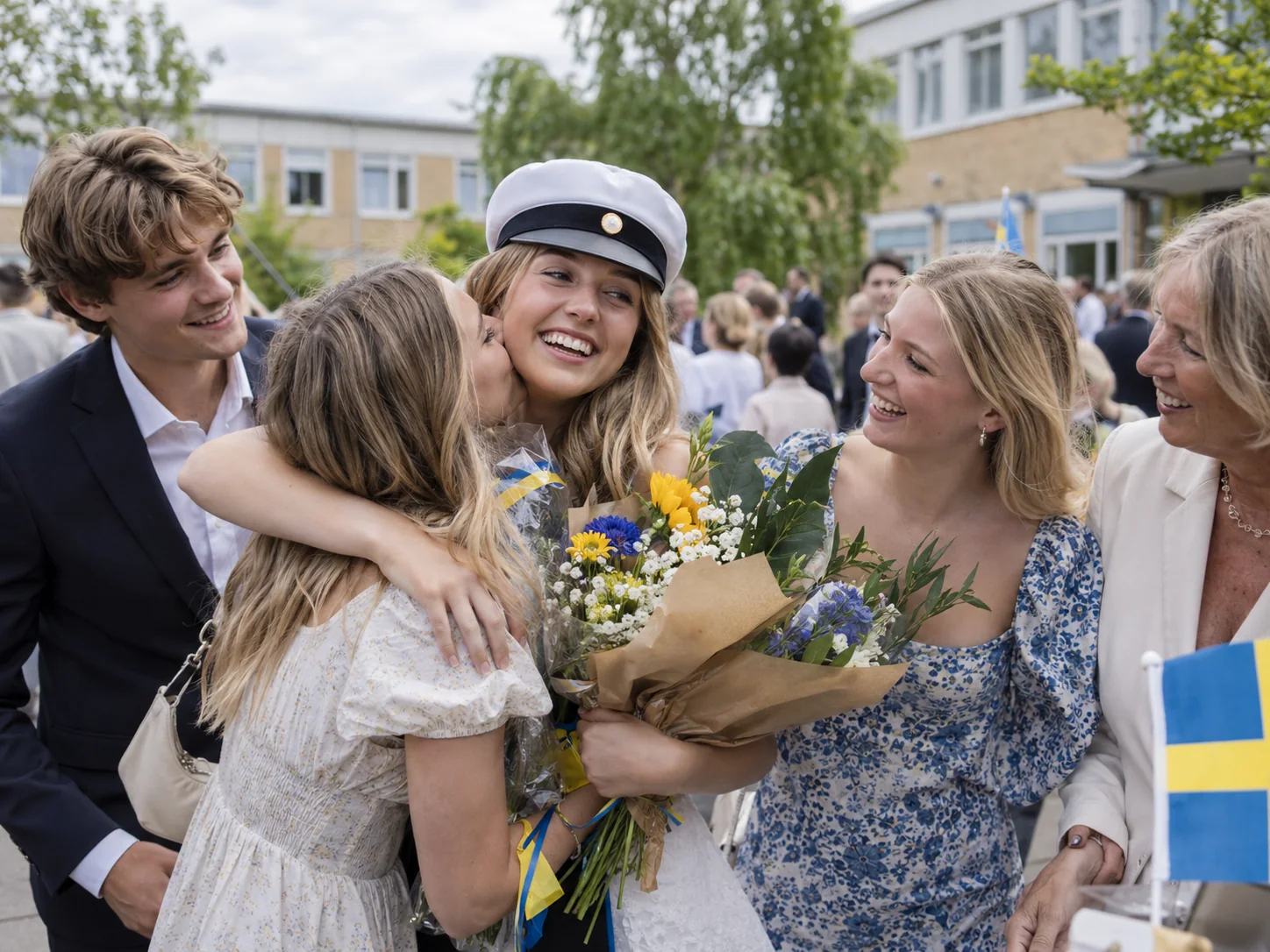 Fictional example: a graduate celebrating with family and friends.